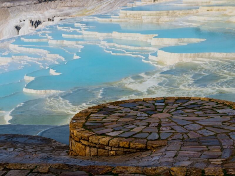 Pamukkale travertine terraces with turquoise water