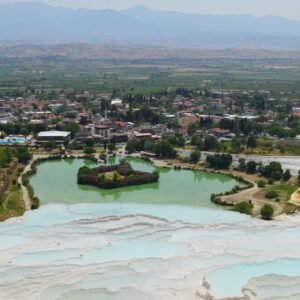 Pamukkale hot air balloon — aerial view of thermal pools and landscape